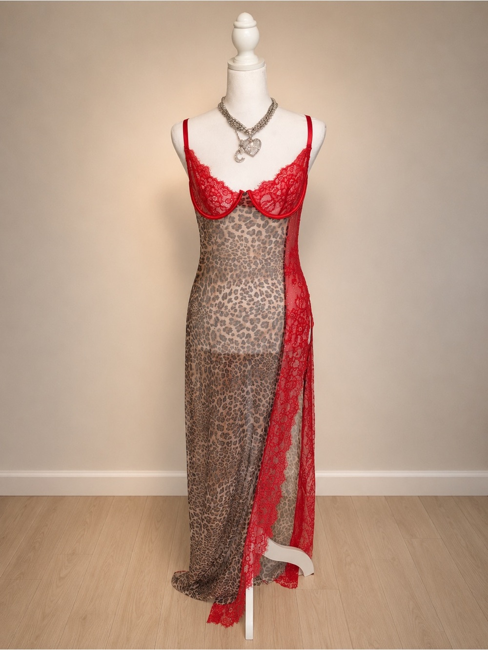 Fashion Nova Red Lace & Leopard Sheer Slip Nightgown